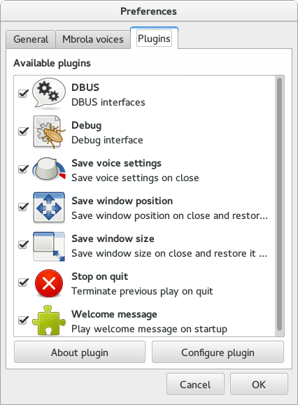 Preferences window for plugins