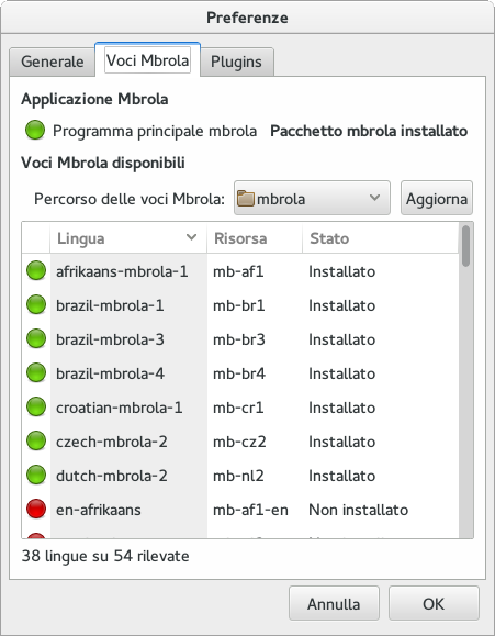 Finestra delle preferenze per MBROLA