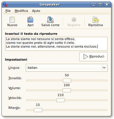 Finestra principale di Gespeaker 0.2