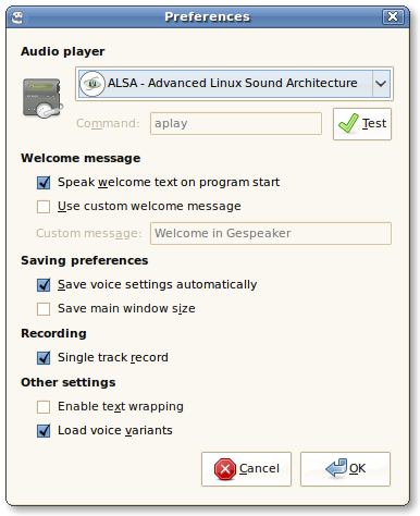 Preferences window for Gespeaker 0.5