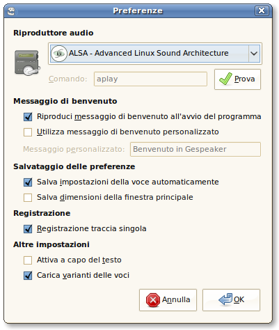 Finestra delle preferenze di Gespeaker 0.5