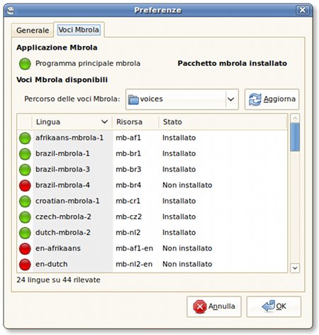 Finestra delle preferenze per MBROLA di Gespeaker 0.6