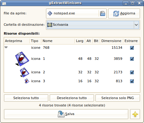 Finestra principale di gExtractWinIcons 0.1