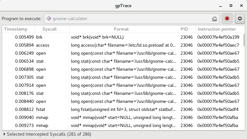 Main window for gpTrace 0.1.0