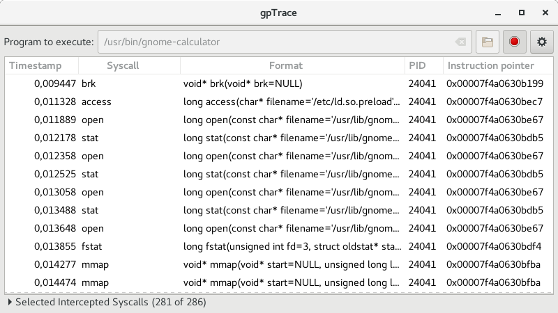 Finestra principale di gpTrace 0.1.1