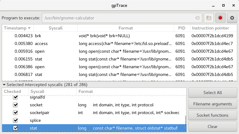 Main window for gpTrace 0.1.4