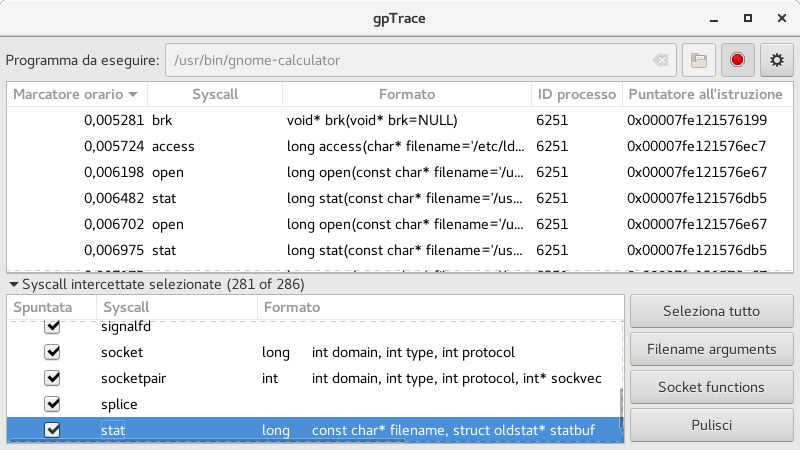 Finestra principale di gpTrace 0.1.4