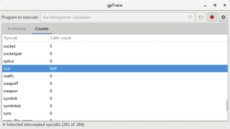 Counts page for gpTrace 0.2.0