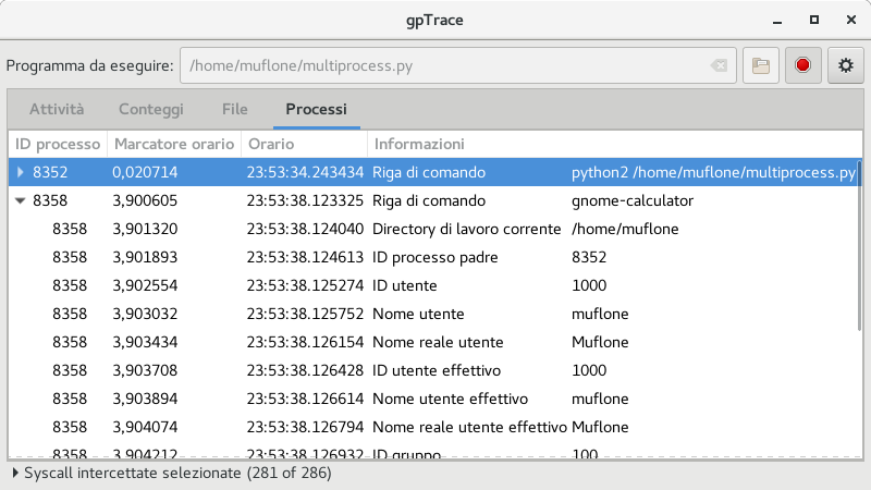 Pagina Processi di gpTrace 0.4.0