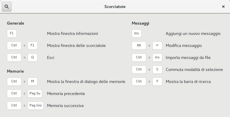 Finestra scorciatoie di gTransMemory 0.3.0