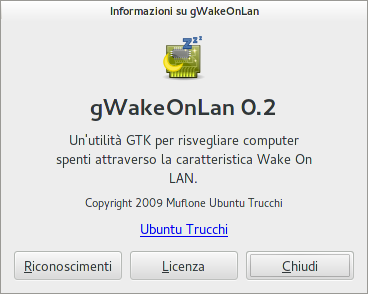 Finestra delle informazioni di gWakeOnLAN 0.2