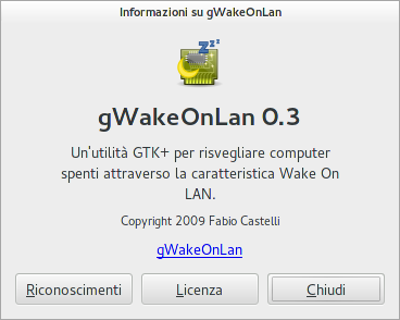 Finestra delle informazioni di gWakeOnLAN 0.3