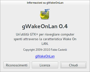 Finestra delle informazioni di gWakeOnLAN 0.4