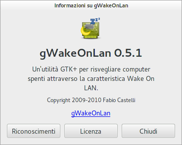 Finestra delle informazioni di gWakeOnLAN 0.5.1