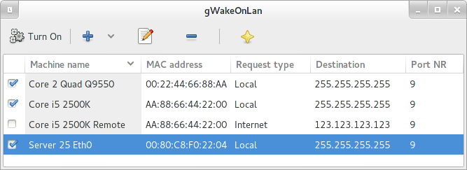 Main window for gWakeOnLAN 0.5