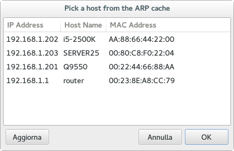 Finestra di dialogo per la scelta dalla cache ARP di gWakeOnLAN 0.6