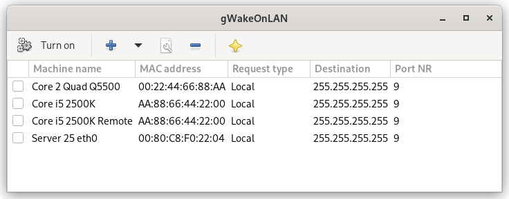Main window for gWakeOnLAN 0.7.0