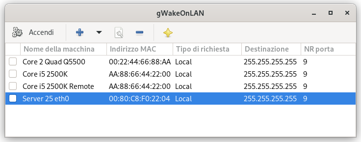 Finestra principale di gWakeOnLAN 0.7.0