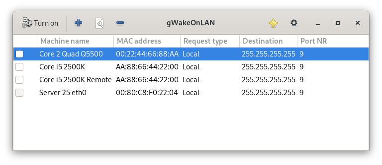 Main window for gWakeOnLAN 0.8.0