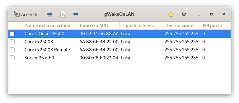 Finestra principale di gWakeOnLAN 0.8.0