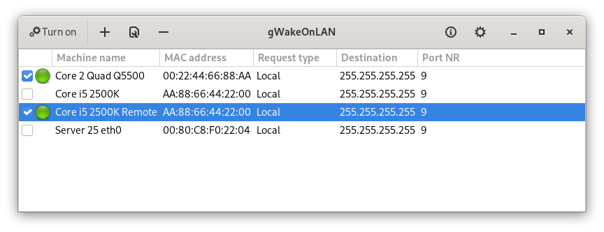 Main window for gWakeOnLAN 0.8.2