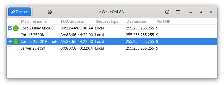 Main window for gWakeOnLAN 0.8.3