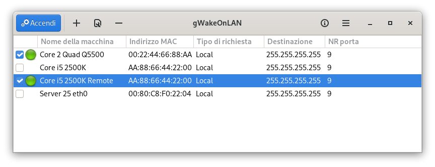 Finestra principale di gWakeOnLAN 0.8.3