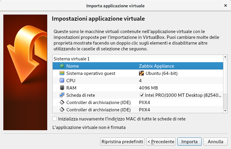 Impostazioni applicazione virtuale