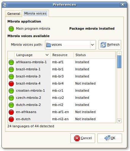 Preferences window for MBROLA for Gespeaker 0.6
