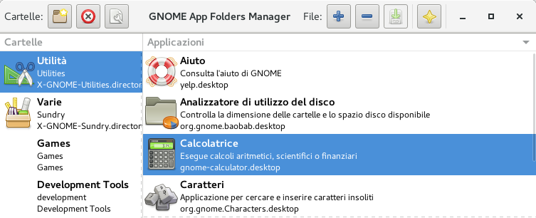 Finestra principale di GNOME AppFolders Manager 0.2.3